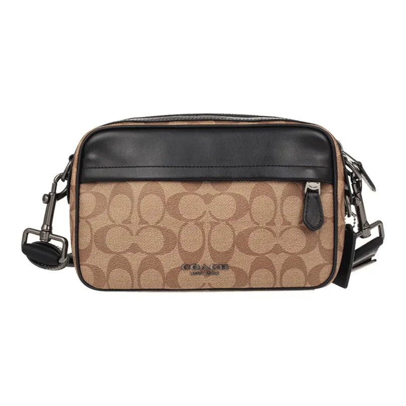 COACH Graham Cow Leather Camera Bag, Shoulder Bag, Crossbody Bag Medium Size Men's Black & Khaki & Brown Monogram
