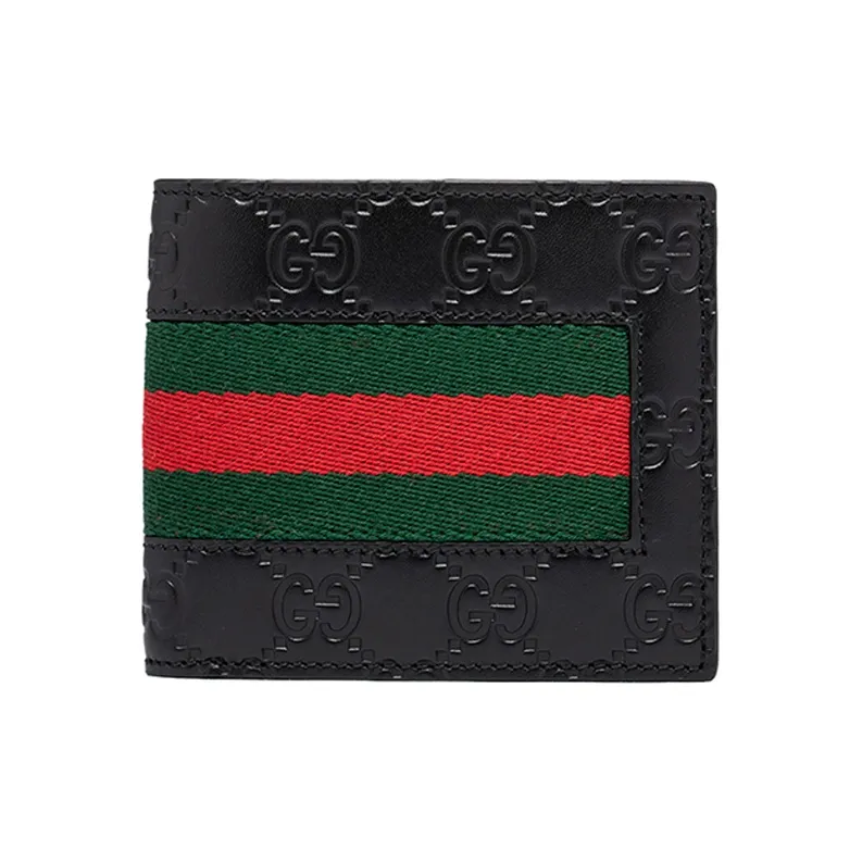 GUCCI Leather Wallet Regular Men's Black Red Green Stripes