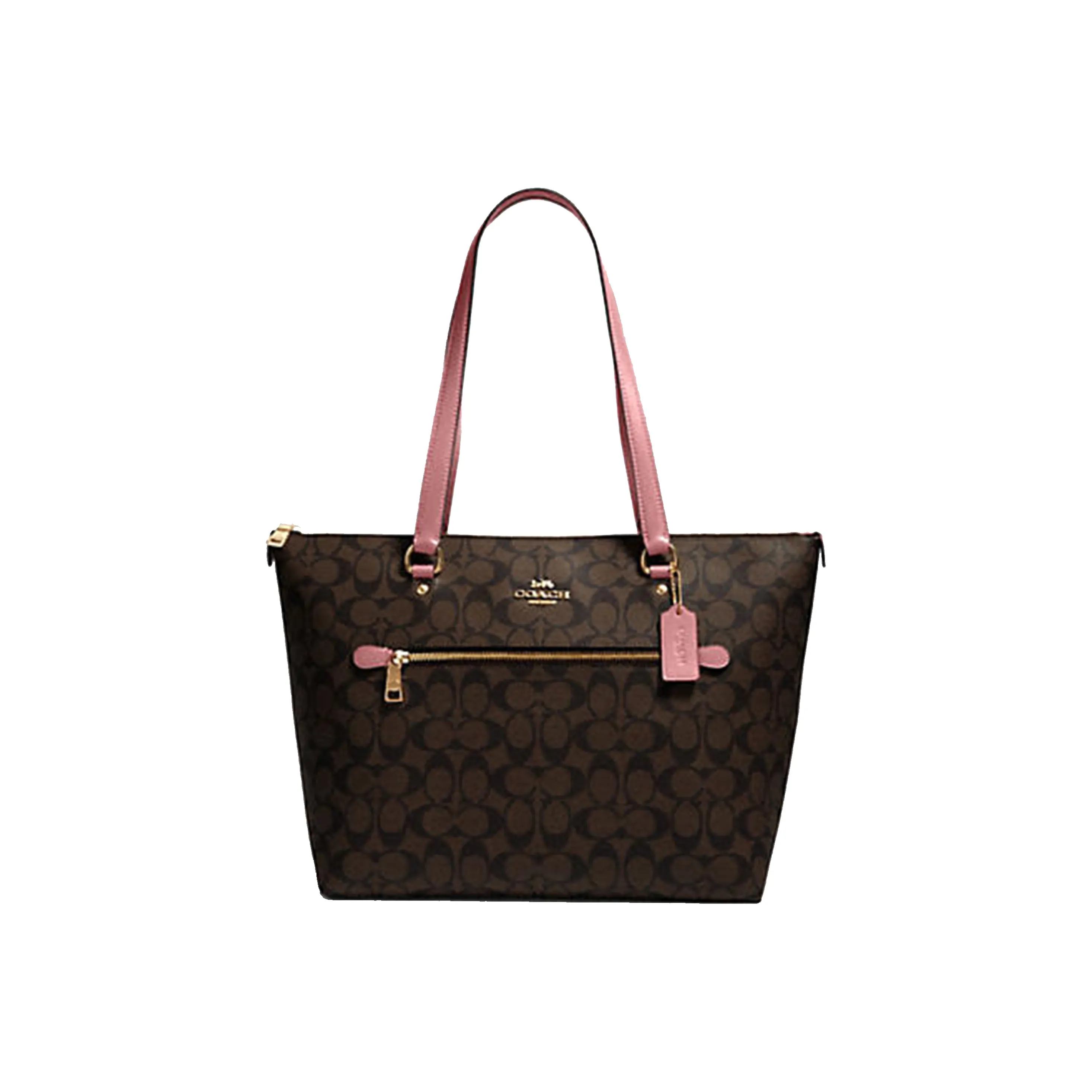 COACH Gallery Leather Tote Bag Shopping Bag Handbag Shoulder Bag Women's Dark Brown & Pastel Pink Multicolor