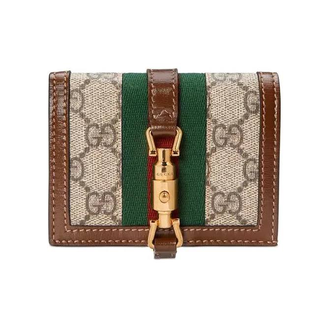 GUCCI Jackie 1961 Холст и Кожа Клатч Кошелек Держатель для Карт Маленький Женский Зеленый Коричневый Многоцветный