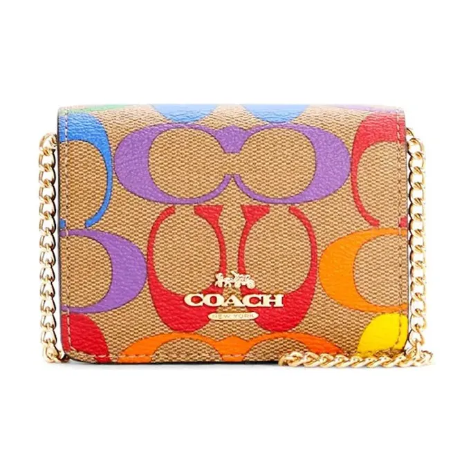 COACH Chain Leather Chain Bag Shoulder Bag Crossbody Bag Clutch Wallet Mini Women's Khaki