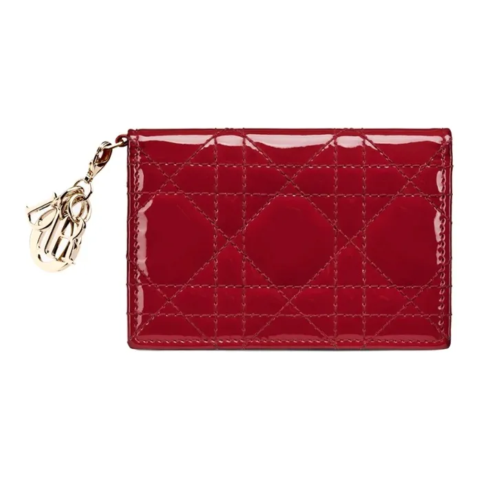 DIOR Lady Dior Cow Leather Flap Card Holder Women's Cherry Red