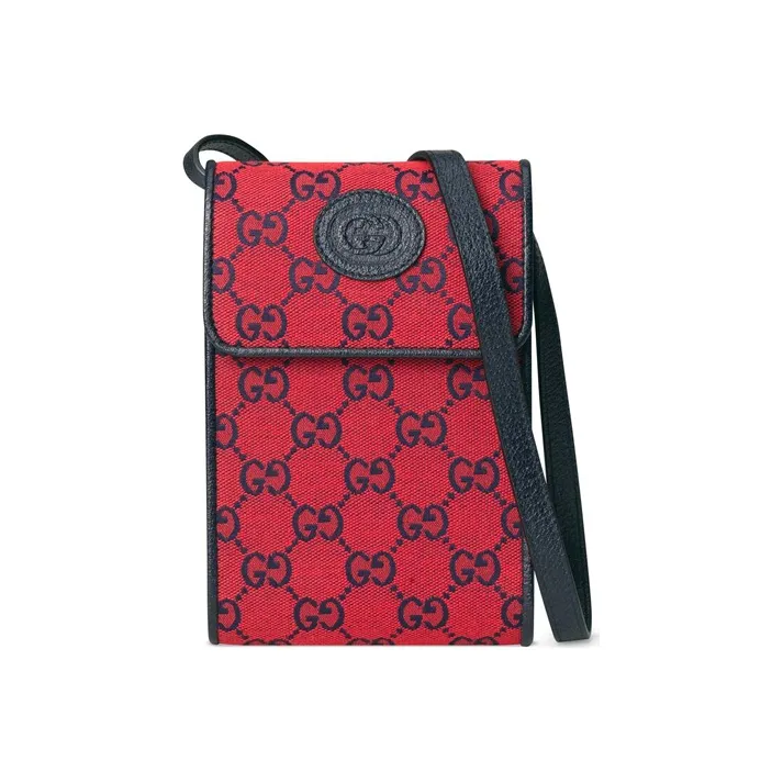 GUCCI Leather Logo Canvas With Leather Shoulder Bag, Crossbody Bag, Canvas Bag, Cell Phone Pouch Mini Unisex Red/Blue