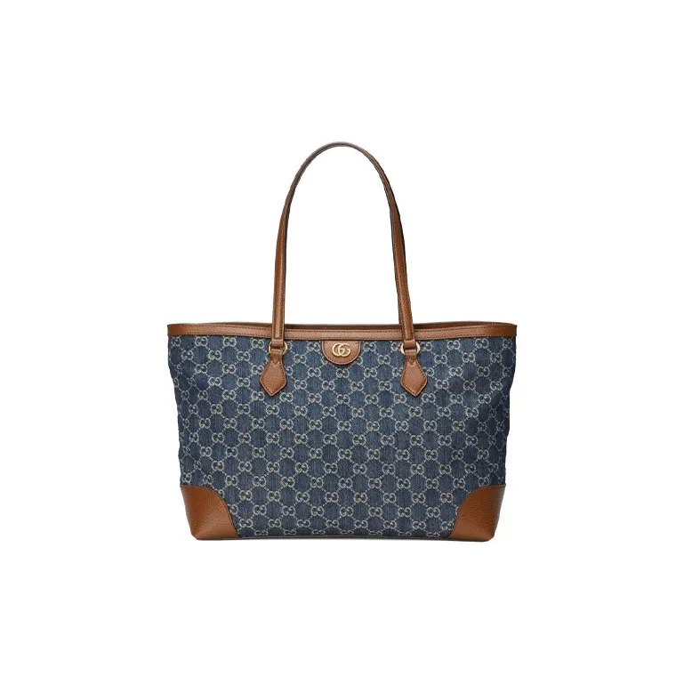 GUCCI Ophidia Denim With Leather Tote Bag, Shopping Bag, Shoulder Bag, Handbag Medium Size Women's Gray Blue/Brown
