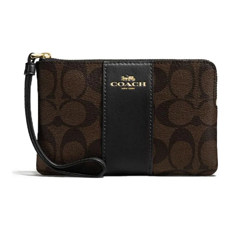 coach whipstitched Corner Zip Canvas With Leather Clutch Wrist Bag Pochette Coin Purse Small Size Women's Dark Brown