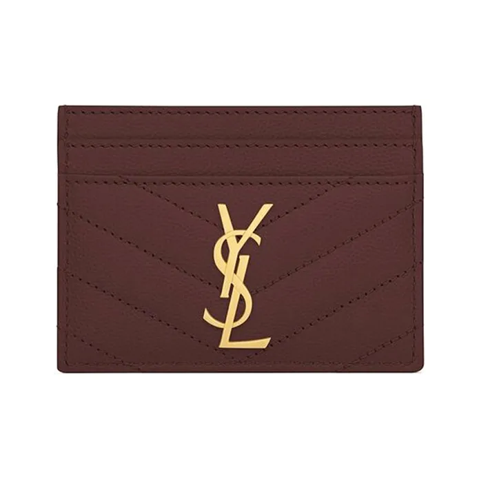 SAINT LAURENT Monogram Quilting Leather Card Clip Card Holder Women's Dark Red