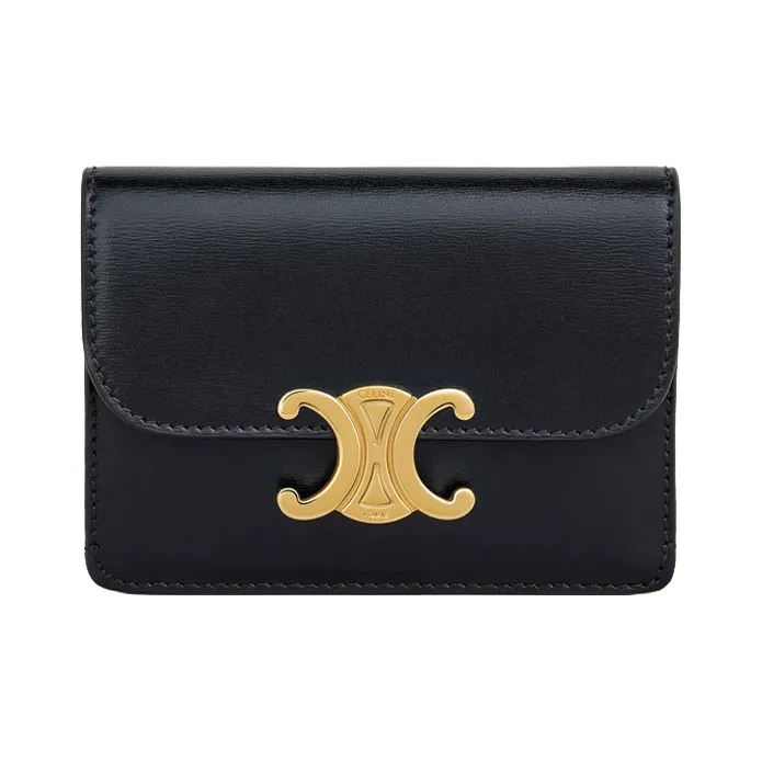 CELINE Triumphal Arch Cow Leather Coin Purses Card Holders Women's Black