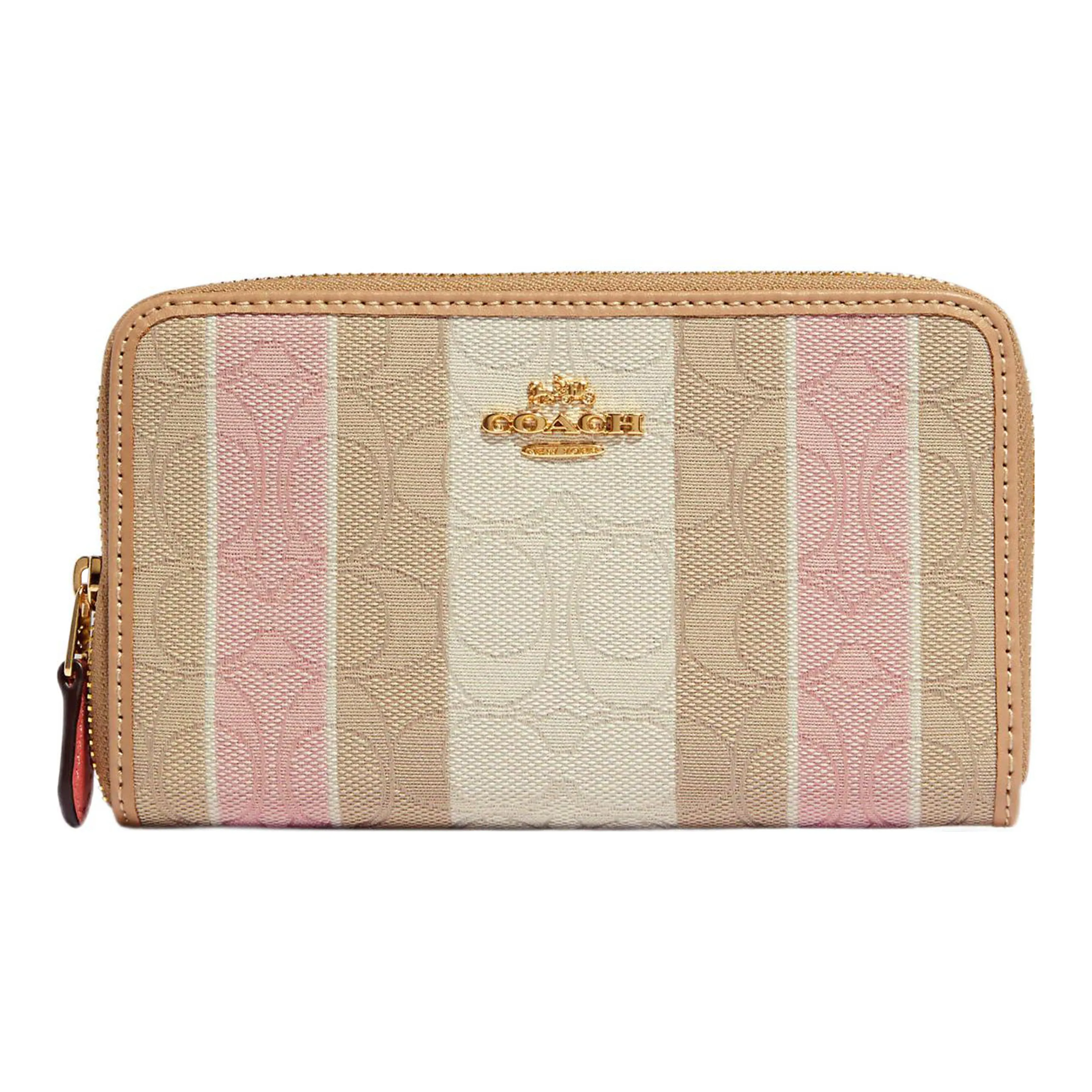 COACH Zip Around Fabric With Leather Clutch Wallet Trumpets Women's Toffee Pink With Milk Tea
