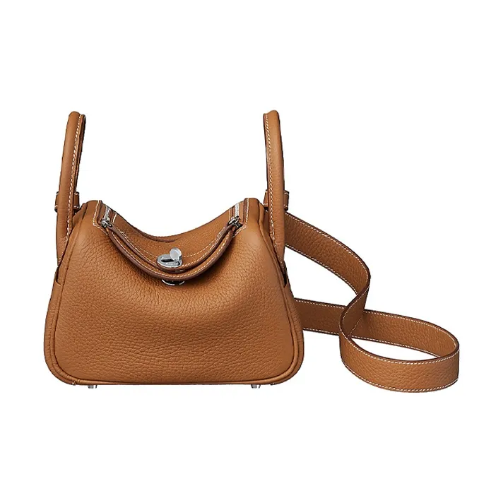 HERMES Lindy Taurillon Clemence Cow Leather Handbag, Shoulder Bag, Crossbody Bag Mini Women's 37 Gold Brown