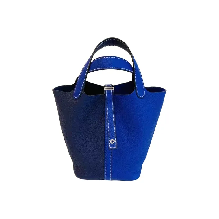 HERMES Clemence Bullock Leather Basket Bag, Bucket Bag, Handbag Women's Blue Shades & Multicolor