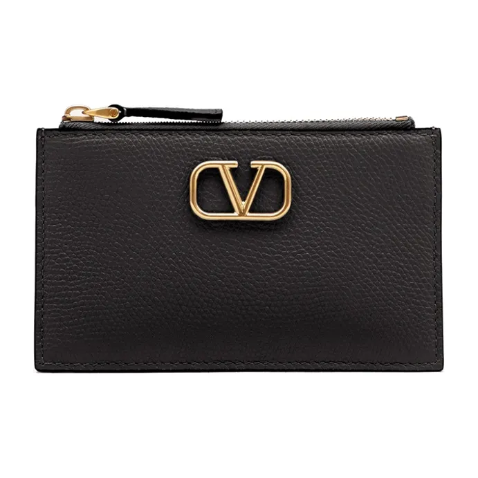 Valentino Vlogo Grain Calfskin Card Holder, Coin Purse, Card Holder Women's Black