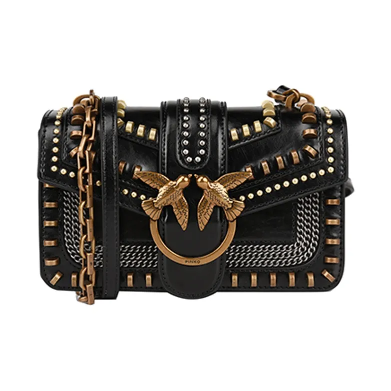 PINKO Коровья кожа Swallow Сумка Сумка через плечо Женская Черный Черный Золотой