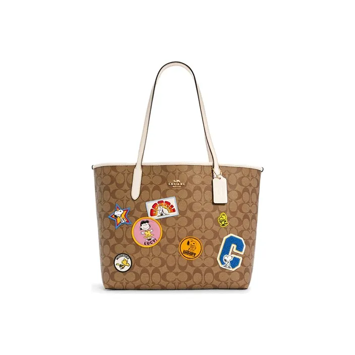 COACH Snoopy, Collaboration City Artificial Leather Tote Bag, Shopping Bag, Handbag, Shoulder Bag Women's Khaki