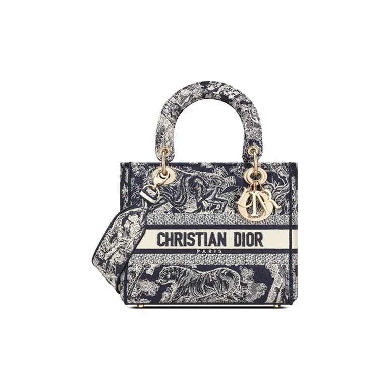 DIOR Lady D Lite Embroidery Lady Dior Bag, Handbag, Shoulder Bag, Crossbody Bag Medium Size Women's Blue