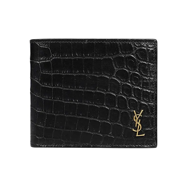 SAINT LAURENT Crocodile Pattern Leather Double Fold Wallet Men's Black