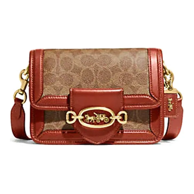 COACH Hero Coated Canvas With Calfskin Handbag, Shoulder Bag, Crossbody Bag Trumpets Women's Brown & Orange Red