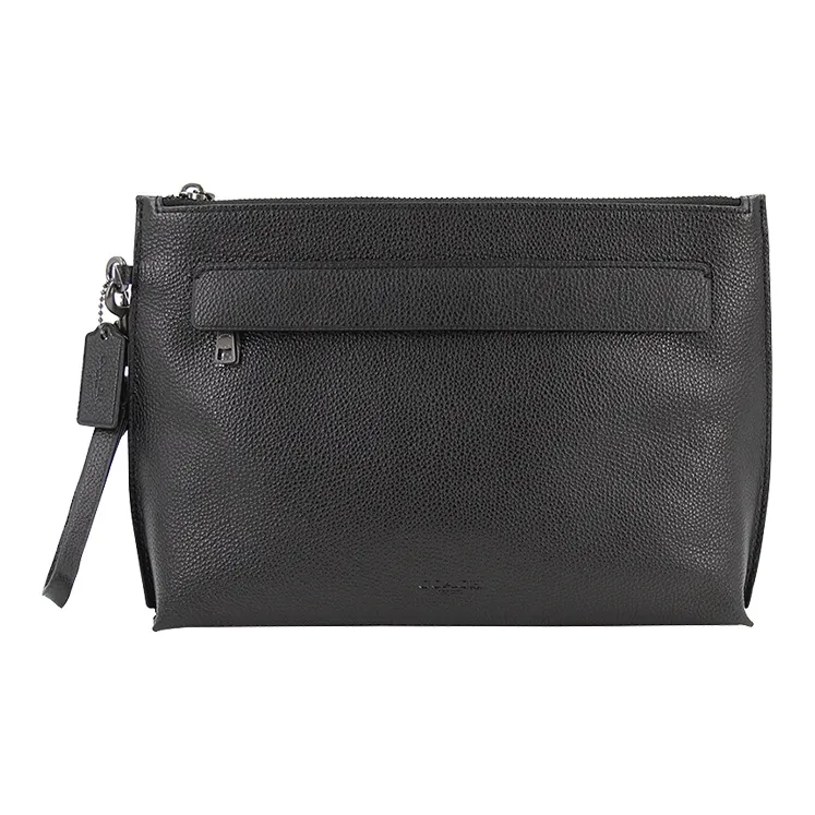 COACH Pouch Polished Pebbled Leather Wrist Bag Clutch Large Size Men's Black