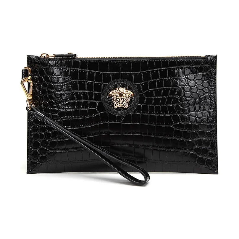 VERSACE Leather Clutch Coin Purse, Commute Bag Small Size Men's Black