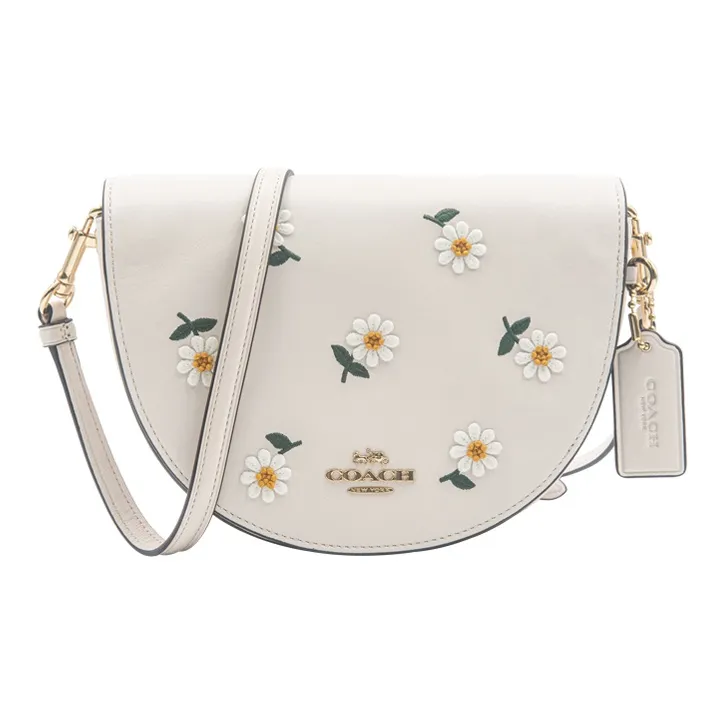 COACH Ellen Leather Embroidery Bag, Shoulder Bag, Saddle Bag, Crossbody Bag Trumpets Women's White