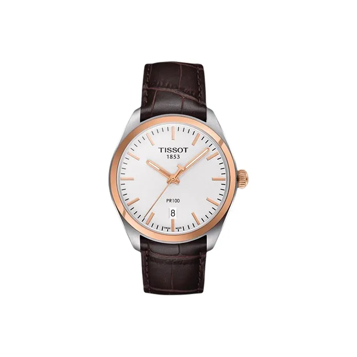 TISSOT PR100 Collection Кварцевый механизм Мужские часы 39 мм Серебристый циферблат Корпус из нержавеющей стали Кожаный ремешок