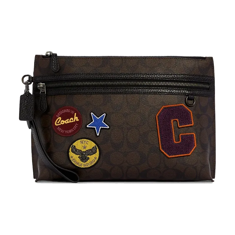 COACH Pouch Canvas With Leather Clutch Trumpets Men's Dark Brown