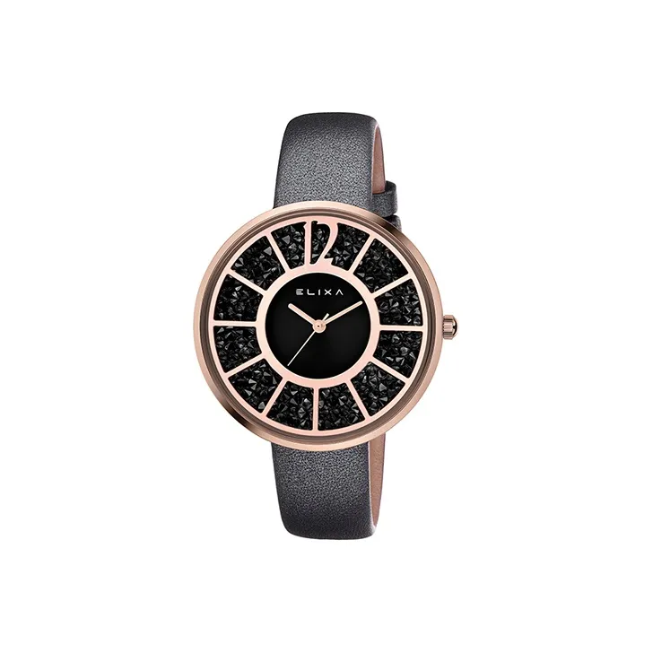Elixa Кварцевый механизм Женские часы 40 мм Черный циферблат Корпус из нержавеющей стали Ремешок из натуральной кожи