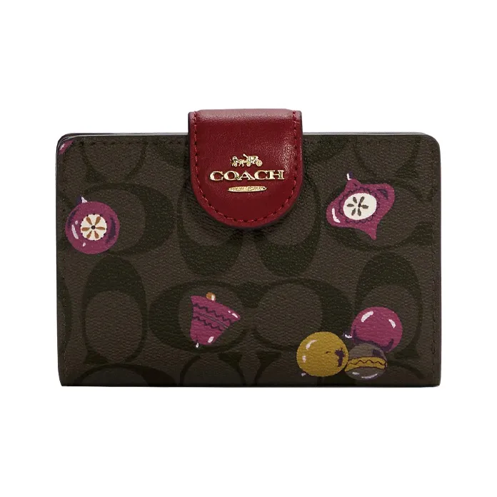 COACH Canvas Leather Wallet Women's Dark Brown With Cherry