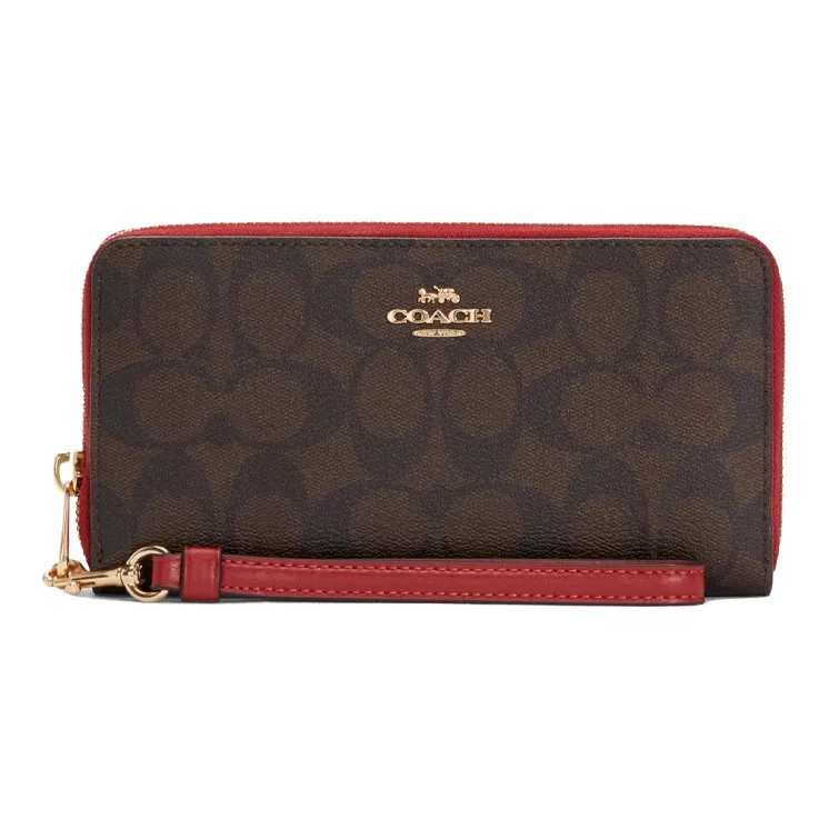 COACH Zip Around Canvas With Leather Wallet Clutch Women's Red & Brown Monogram