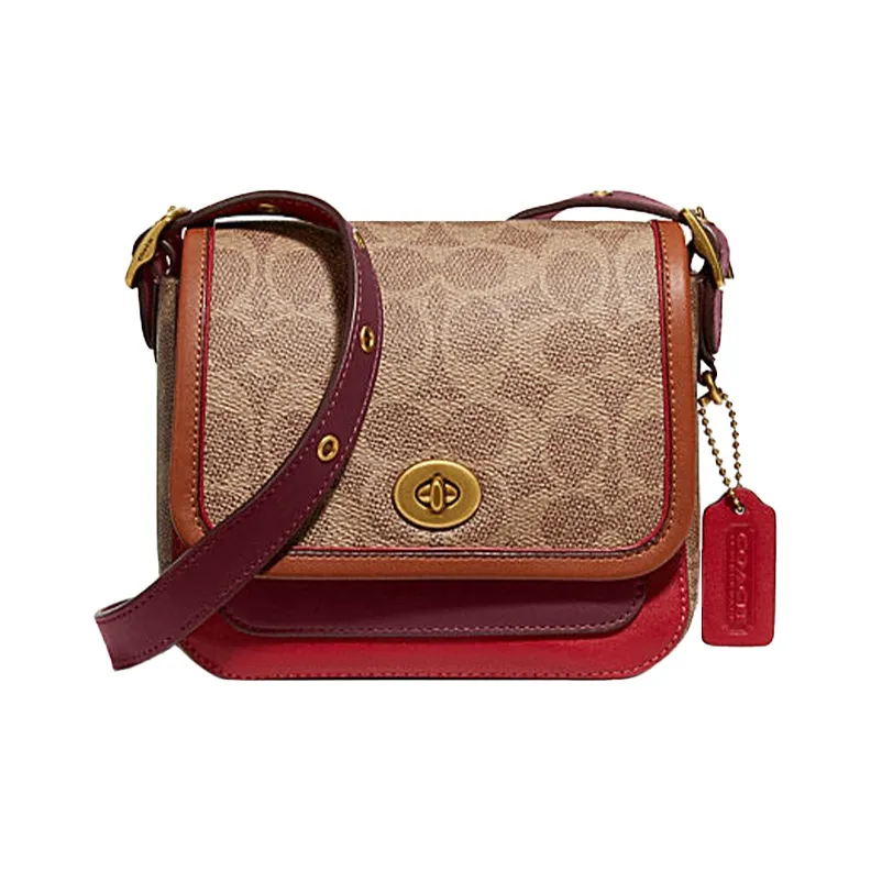 COACH Покрытие Холст Дубленая Кожа Перчатка Сумка через плечо Сумка на плечо Маленькая Женская Красный и Коричневый