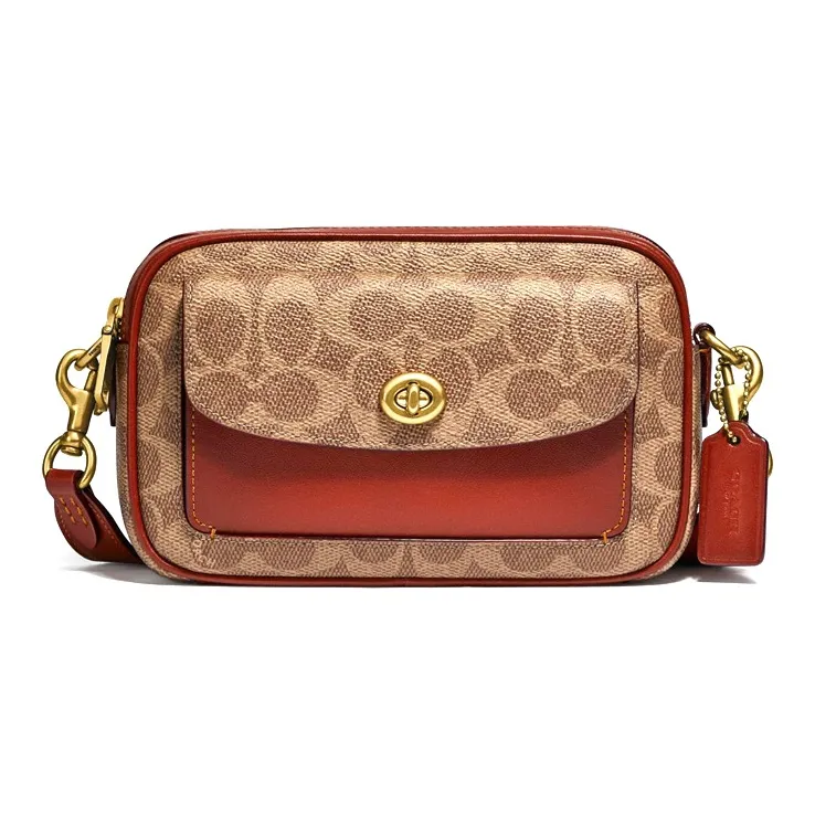 COACH Willow Canvas With Leather Camera Bag Shoulder Bag Crossbody Bag Small Size Women's Red Brown