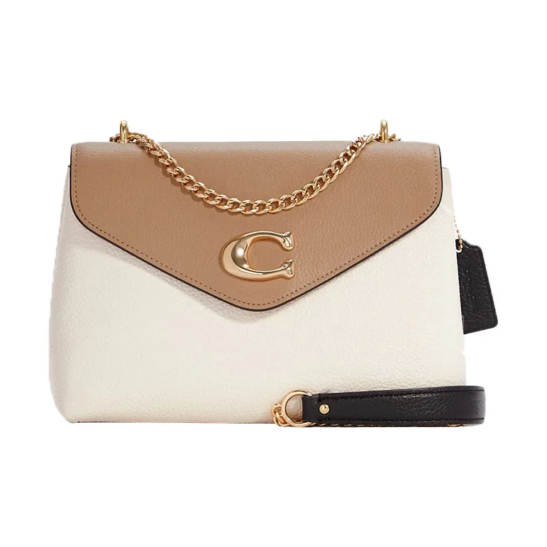 COACH Полированная кожа цепочка сумка с клапаном сумка через плечо среднего размера женская молочно-чайный цвет и белый