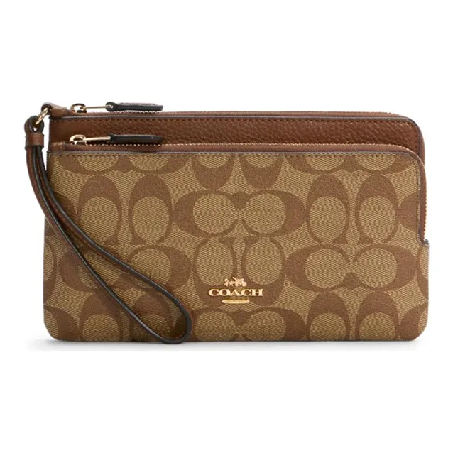 COACH Double Zip Wallet Leather Card Holder, Clutch Wallet Medium Size Women's Saddles Brown