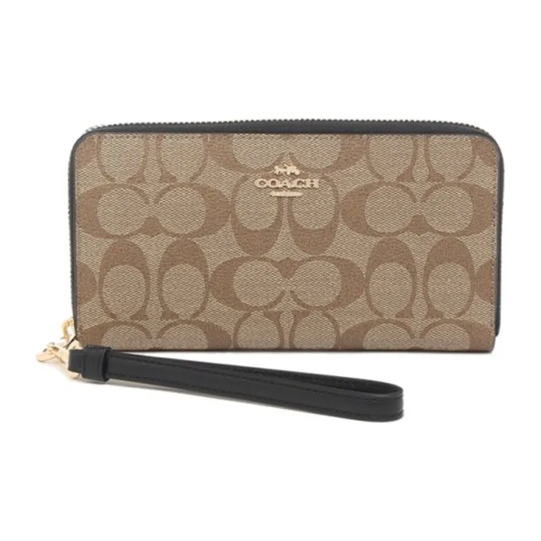 COACH Zip Around Canvas With Leather Wallet Clutch Women's Black & Khaki Monogram