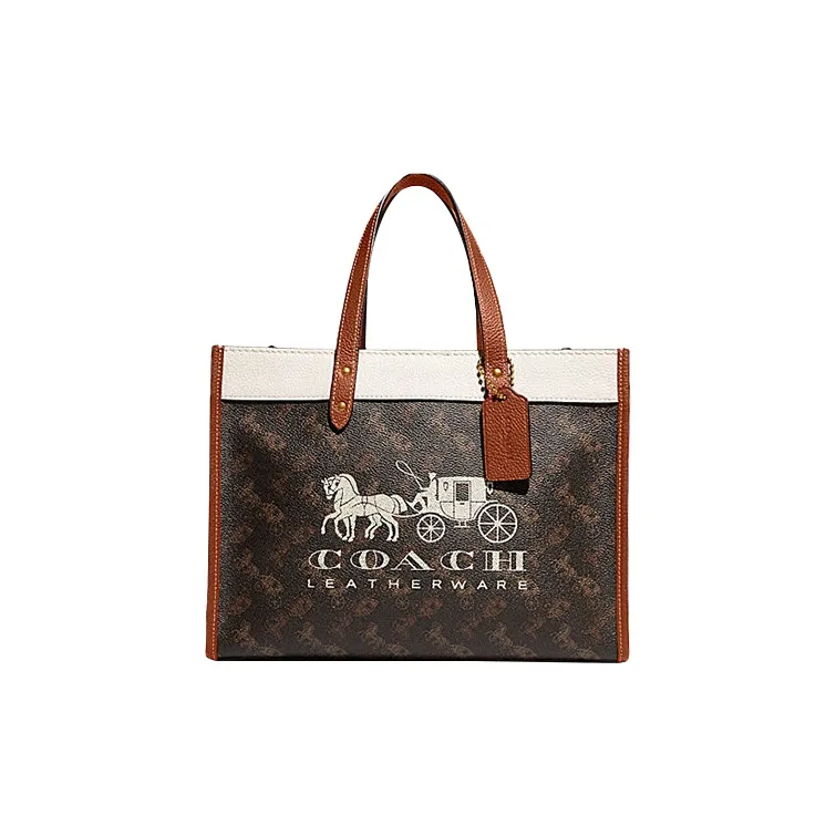 COACH Field Cow Leather Tote Bag Shopping Bag Shoulder Bag Crossbody Bag Handbag Large Size Unisex Dark Brown & White