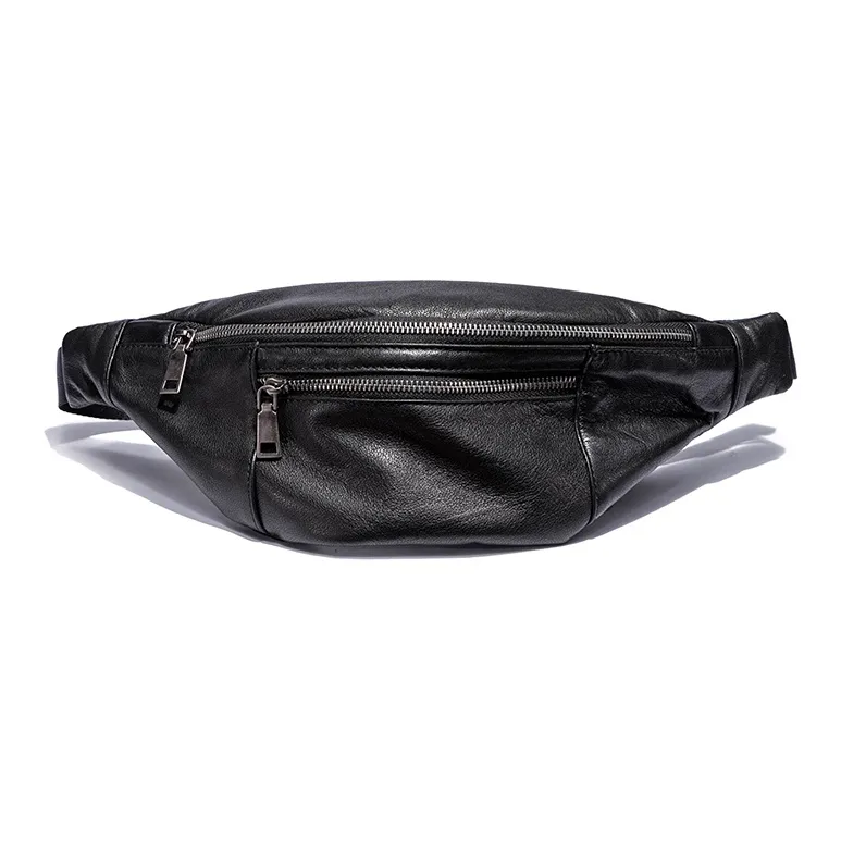 Ace Paul Top Grain Cow Leather Crossbody Bag Sling Bag Fanny Pack Unisex Black