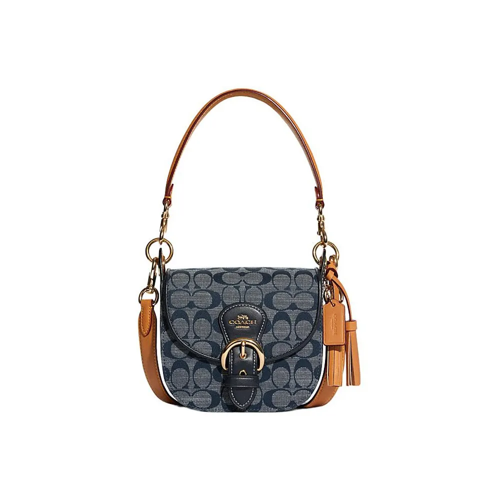 COACH Kleo Canvas Cow Leather Patchwork Shoulder Bag Women's Dark Blue Monogram Color & Black
