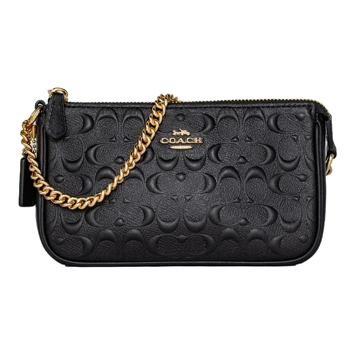 COACH Wristlet Relief Leather One Shoulder Crossbody Chain, One Shoulder Wrist Bag, Clutch Trumpets Women's Black