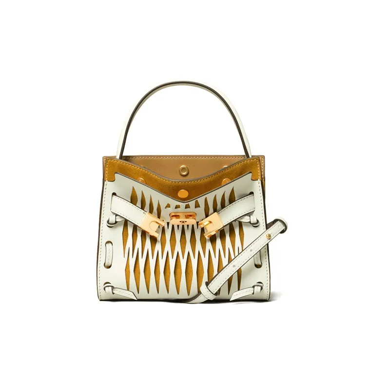 TORY BURCH Lee Radziwill Suede With Leather Shoulder Bag, Crossbody Bag Trumpets Women's White Yellow