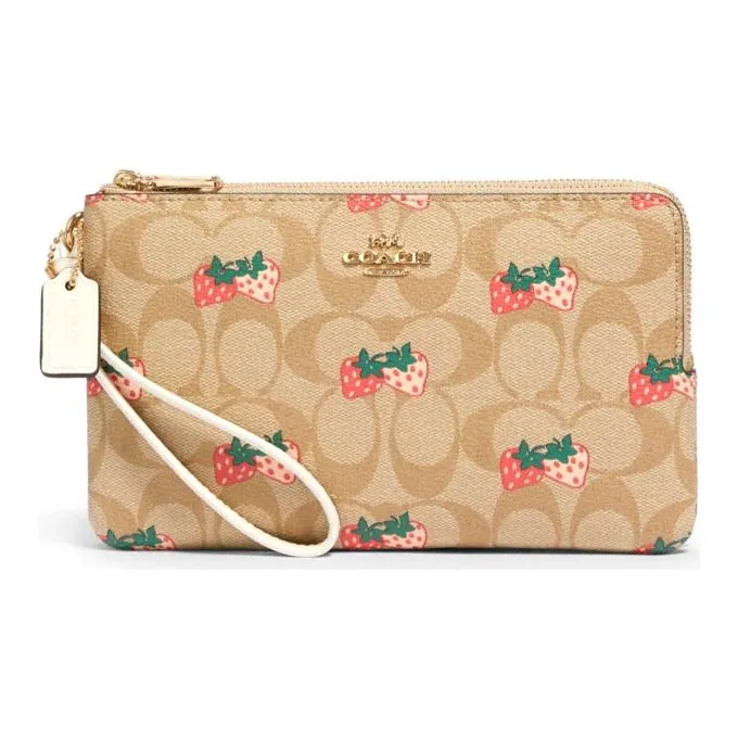 COACH Double Zip Wallet Canvas Clutches Wallets Women's Light Khaki