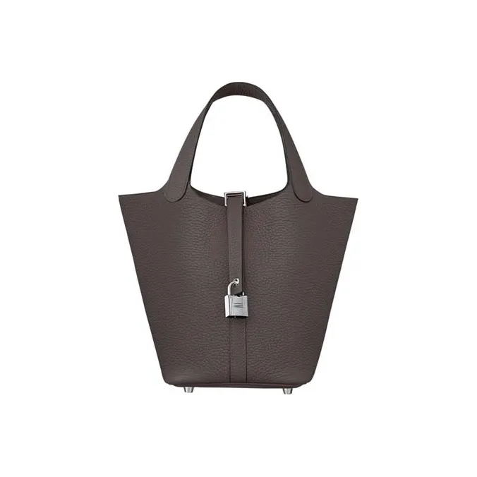 HERMES Clemence Bullock Leather Basket Bag, Bucket Bag, Handbag 18 Women's Ebony