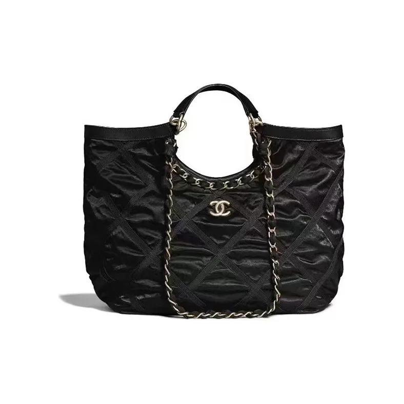 CHANEL Nylon Tote Bag, Shopping Bag, Handbag Medium Size Women's Black Gold