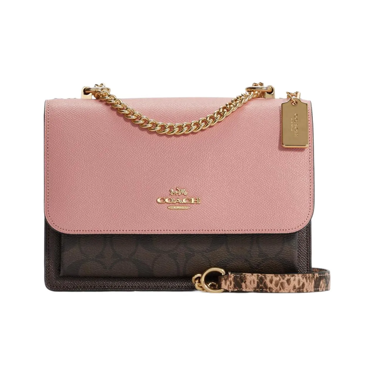 COACH Klare Холщовая кожа Цепляемая Сумка через плечо Сумка среднего размера Женская Коричневая с монограммой и Розовая с перламутровым оттенком