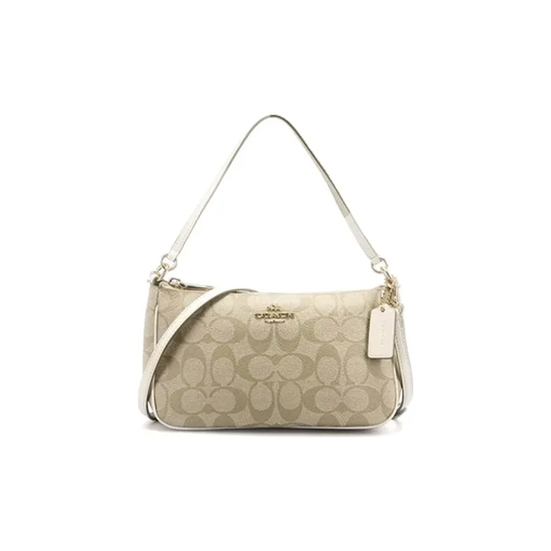 COACH Top Handle Coated Canvas Pochette, Shoulder Bag, Crossbody Bag, Handbag Trumpets Women's Light Khaki White