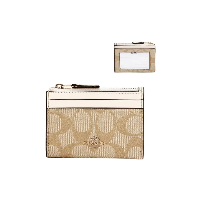 COACH Canvas With Leather Card Clip Clutch Mini Women's White & Khaki
