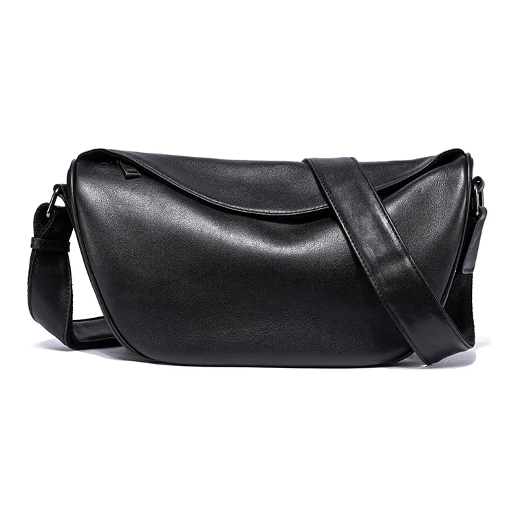 Ace Paul Cow Leather Crescent Bag, Small Square Bag, Shoulder Bag, Crossbody Bag Medium Size Unisex Black