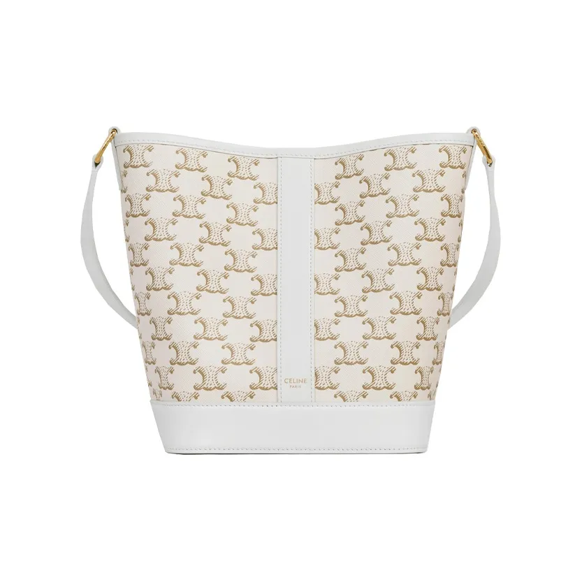 CELINE Canvas With Calfskin Bucket Bag, Shoulder Bag, Crossbody Bag Small Size Women's White