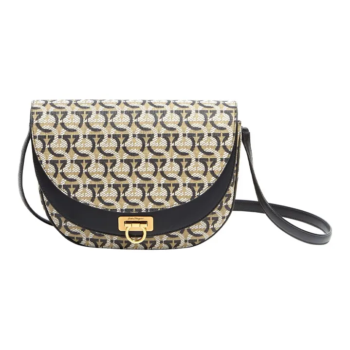 FERRAGAMO GANCINI Fabric With Cow Leather Shoulder Bag, Crossbody Bag Women's Sand/Black