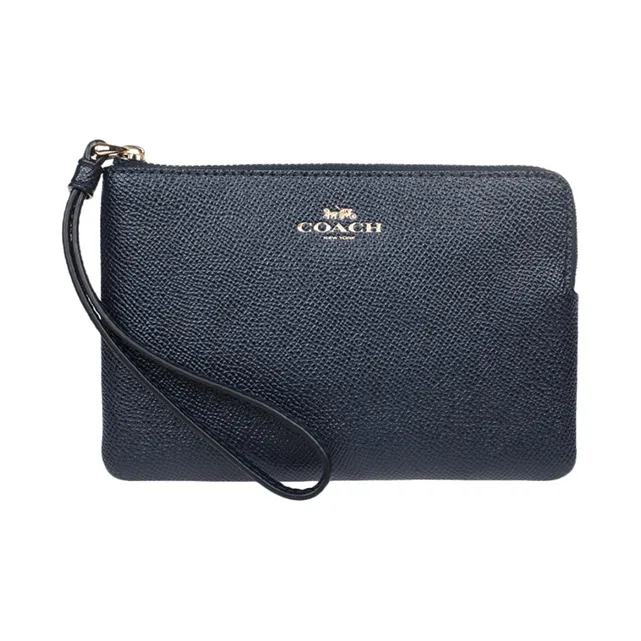 COACH Corner Zip Cross Grain Leather Coin Purse Wrist Bag Clutch Mini Women's Navy Blue