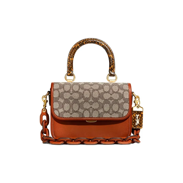 COACH Rogue Leather Small Square Bag, Crossbody Handbag Trumpets Women's Caramel Brown