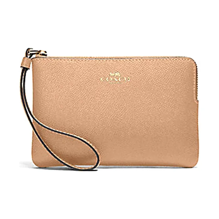 COACH Corner Zip Leather Wrist Bag, Coin Purse, Pochette, Clutch Women's Milk Tea